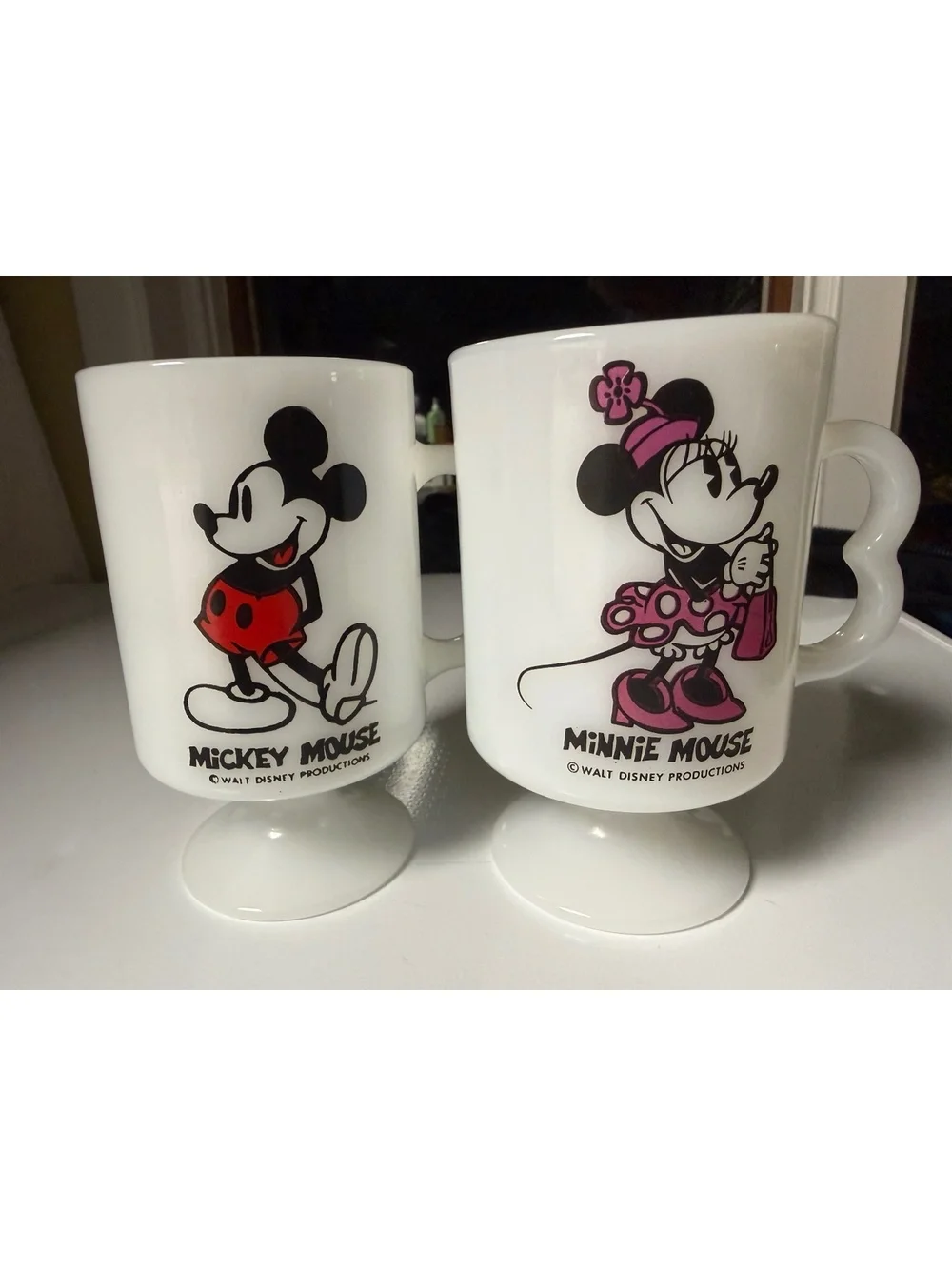 Vintage Disney Mickey Minnie Mouse Milk Glass Pedestal Mugs USA Set of 2